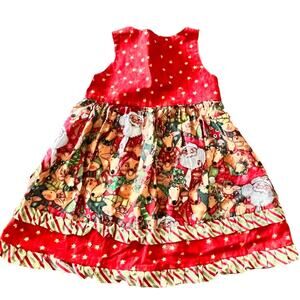Vintage Girls Christmas Dress Holidays Reindeer Santa Red Handmade